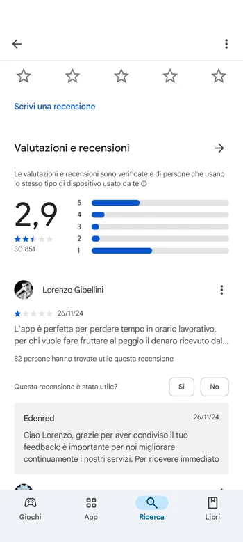 Recensioni dal Google Store dell’app Edenred