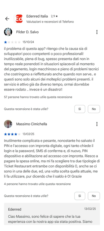 Recensioni dal Google Store dell’app Edenred