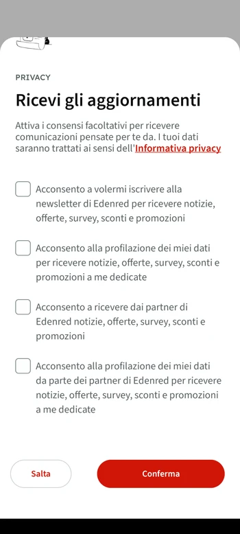 Installazione app Edenred - gestione del consenso informato